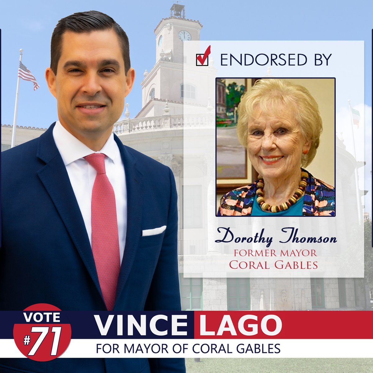 votevincelago's tweet photo. Honored to receive the endorsement of former Coral Gables Mayor Dorothy Thomson. #TeamVince #VoteVinceLago #VoteForVince #RespectForThePast #VisionForTheFuture https://t.co/VYfbs5kRiQ