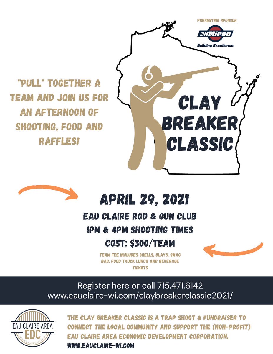 ChippewaCEDC's tweet photo. Looking to "Pull" together a team and enjoy an afternoon of fun shooting clay pigeons? Eau Claire Area EDC will be holding their Clay Breaker Classic on April 29th! This event &amp; fundraiser helps to connect the local community &amp; support the Eau Claire EDC! See more below! https://t.co/x7UQ5idsUM