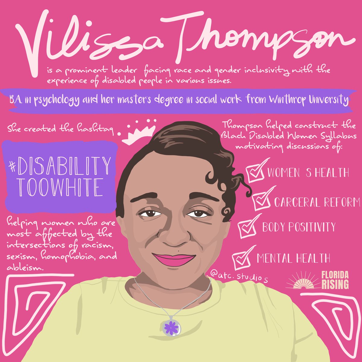 FLRising's tweet photo. 🙌🏽 Today for #womenshistorymonth, we're celebrating @VilissaThompson, #disabilitytoowhite creator &amp; founder of @rampyourvoice. A social worker and #disability_rights educator, she uses her platform and experiences to help other WOC navigate their own intersectional realities. https://t.co/klXBRCP9Zr