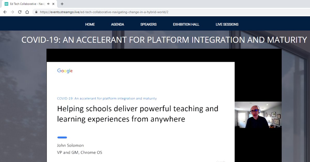 Futuresourcer's tweet image. John Solomon, VP and GM - @Google @ChromeEnterpriseOS joins the virtual #EdTechCollab2021 stage, sharing adoption/product strategy. #Simplicity #moderntechnology #Security #Cloud #interoperability .  Sign up for on demand content bit.ly/3cfrvlq