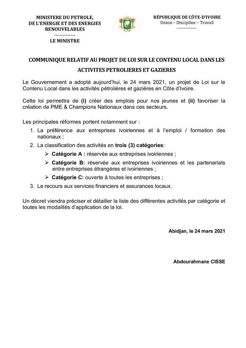 mmpeciv's tweet photo. Le Gouvernement a adopté aujourd’hui, le 24 mars 2021, un projet de #Loi sur le #Contenu #Local dans les activités pétrolières et gazières en Côte d’Ivoire.
#Emplois_Jeunes #PME #Champions_Nationaux
#UneCotedIvoirePleinedEnergie
#MPEER https://t.co/2YCW017lHK