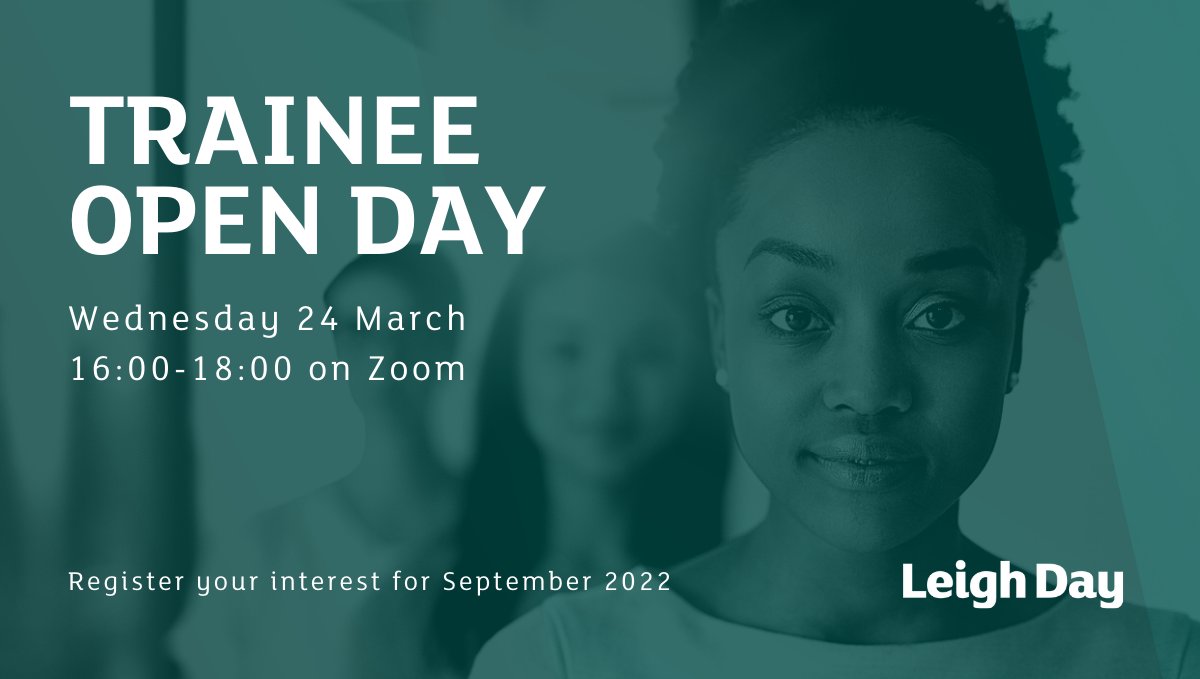 LeighDay_Law's tweet photo. What could you expect to encounter as a Leigh Day trainee? Prior to our training contracts 2022 applications opening on Friday 26 March, we are hosting a virtual open day. Register at: https://t.co/id1kqSBbid
#SolicitorTraining #TraineeSolicitors https://t.co/kL9tPH7jFK
