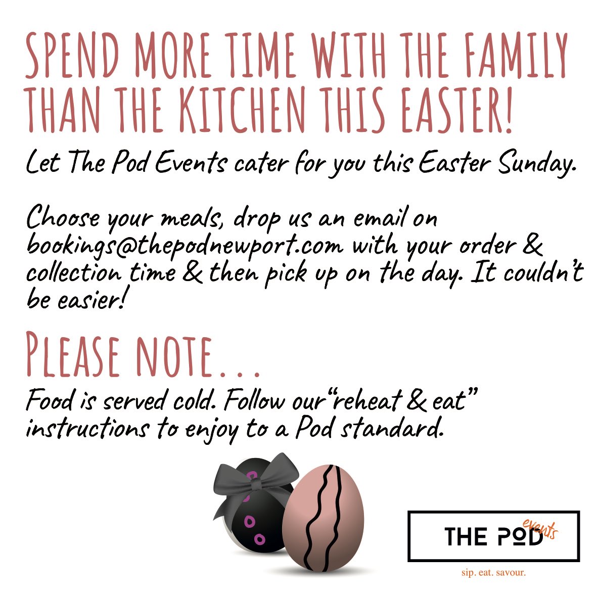 ThePodEvents's tweet photo. Avoid disappointment! Get your Easter Sunday orders into us ASAP. Email bookings@thepodnewport.com to arrange your collection. 

Please note - food is served cold. Follow “Reheat &amp; Eat” instructions to enjoy to a Pod standard😊

#thepodevents #thepod #newport #cardiff #wales https://t.co/dehLzynGCW