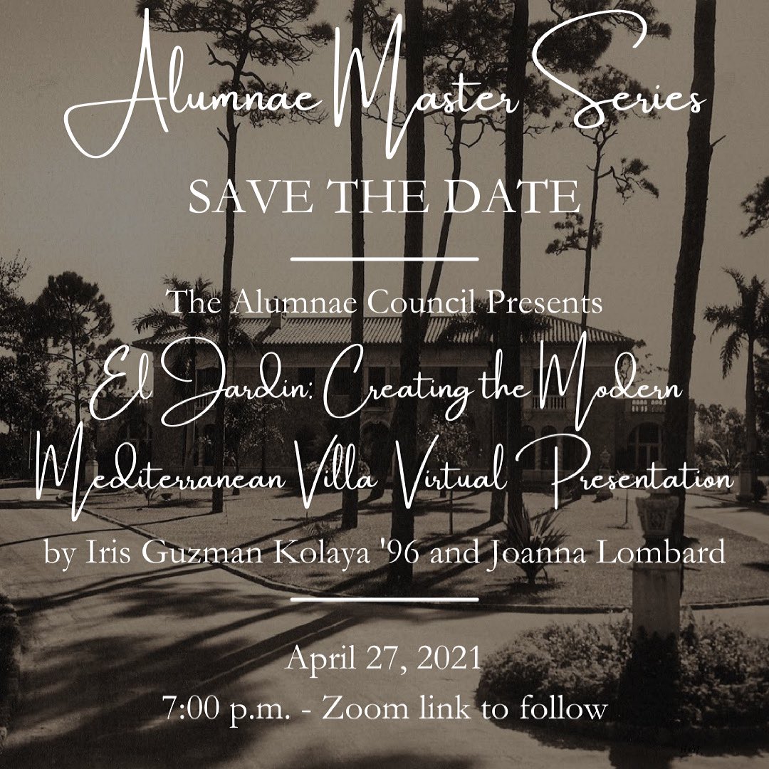 Hosted by the Alumnae Council, co-authors, Iris Guzman Kolaya '96 and parent of alumna, Joanna Lombard, will lead a presentation on their book, “El Jardin: Creating the Modern Mediterranean Villa” via Zoom. Check your email for the RSVP link, and purchase the book in our bio!