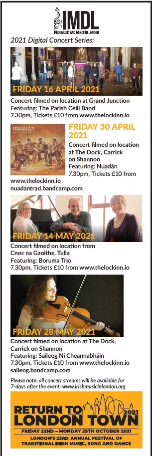 4 more top class gigs as part of IMDL's 2021 Digital Concert Series in April and May - deets and tix avail from thelockinn.io/imdl Thanks to <a href="/culture_ireland/">Culture_Ireland</a> <a href="/thedockarts/">The Dock 🏳️‍🌈🏳️‍⚧️</a> and <a href="/MayorofLondon/">Mayor of London, Sadiq Khan</a> <a href="/IrelandEmbGB/">Embassy of Ireland</a> #irishmusic #ceiliband #clare #tipperary #waterford #dublin #galway