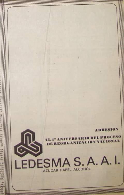 Solicitada de la empresa Ledesma en adhesión al golpe militar, año 1980, diario Pregón. 
Tras los Apagones de Ledesma hubo 33 desaparecidos y 400 detenciones.
Juicio y castigo a Blaquier y todos los empresarios responsables del golpe que siguen gozando de impunidad.

#24Marzo