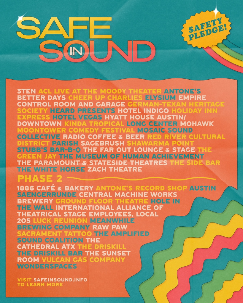 meanwhilebeer's tweet photo. #SafeInSoundATX Phase 2 lineup is here! While Texas’ COVID-19 restrictions may change, we want you to know that some things stay the same: CDC safety guidelines and our community’s core values. We've come together to pledge to operate responsibly. Visit https://t.co/86bROlJ14P. https://t.co/oclNNEeiYo