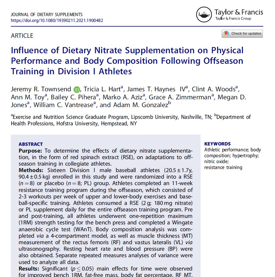 **New Study From Our Lab**
Influence of Dietary Nitrate Supplementation on Physical Performance and Body Composition Following Offseason Training in Division I Athletes tandfonline.com/doi/full/10.10…