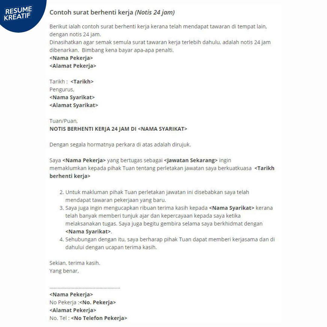 Contoh Surat Berhenti Kerja Notis 24 Jam Bahasa Melayu
