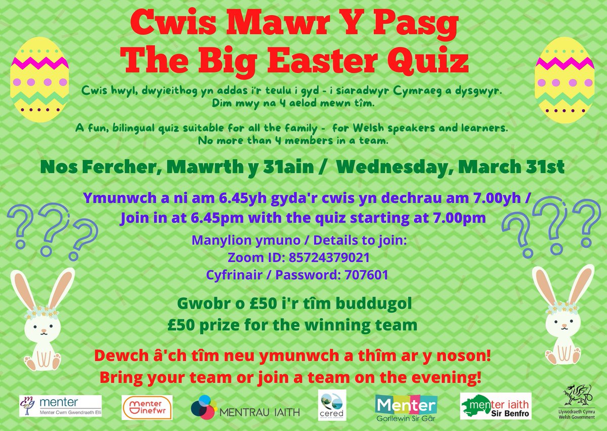 💡Ymunwch yn ein Cwis Pasg gyda <a href="/MenterCGE/">MenterCwmGwendraethElli</a> @MenterGSG <a href="/MenterSirBenfro/">Menter Iaith Sir Benfro</a> <a href="/MICered/">Cered: Menter Iaith Ceredigion</a> 💡

31 Mawrth ar Zoom, manylion isod ⬇️
Easter Quiz, 31 March - bring a team! ⬇️

<a href="/mentrauiaith/">Mentrau Iaith</a>