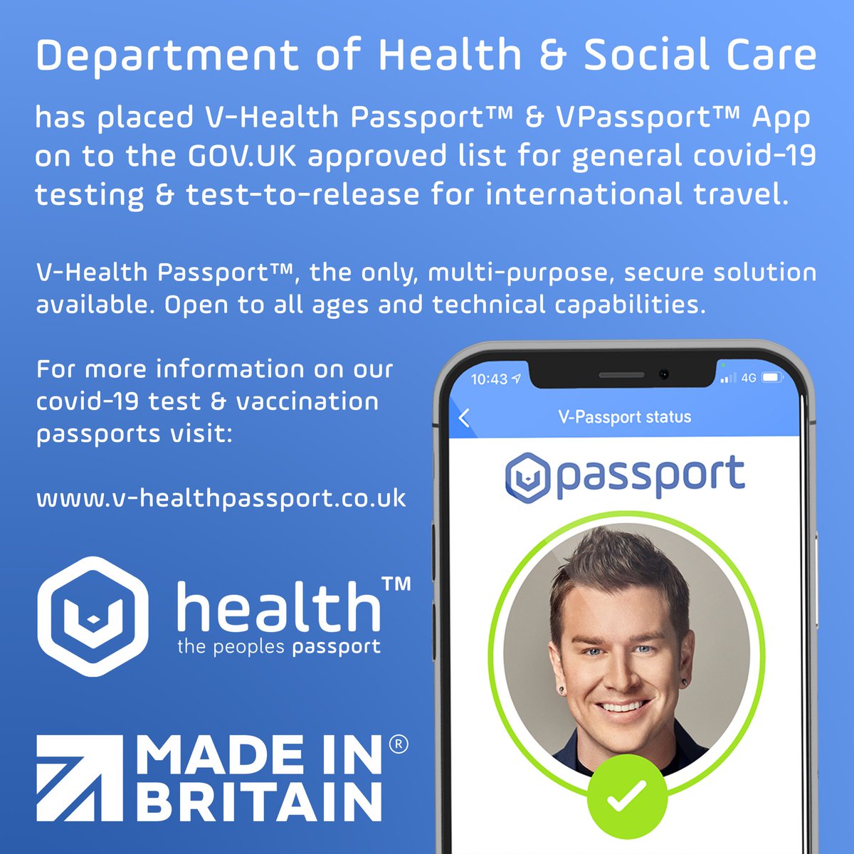 passport_v's tweet photo. @DHSCgovuk adds the secure @passport_v and #vpassport app to the @GOVUK website for #covid19testing and #testandrelease for #internationaltravel.
#healthpassport #vhealthpassport #vaccinepassport #covipass #vcode #madeinbritain
Read more: https://t.co/MbepJD29YH https://t.co/JR6UXPecbx