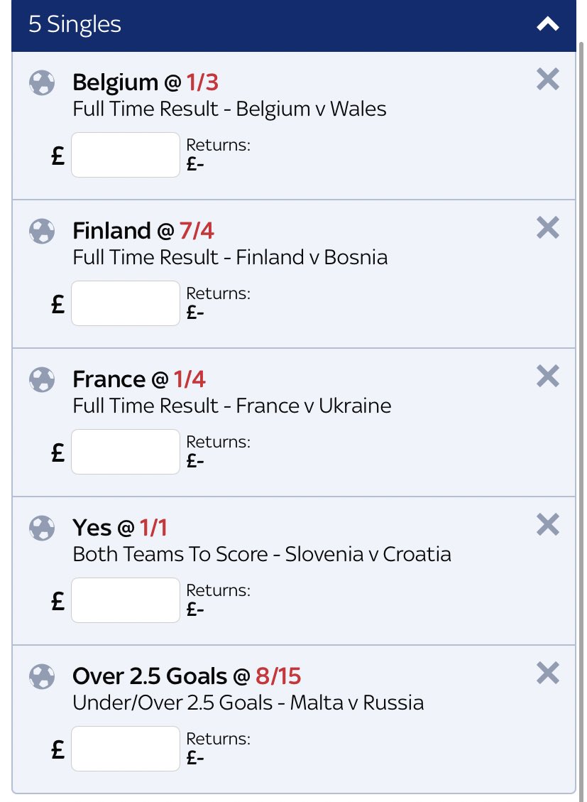 betwithbran's tweet photo. 13/1 WC QUALIFIERS ACCA 🇪🇺

All games kick off at 7:45pm tonight⌚️

Best odds for the acca on #SkyBet 👀 

Please only stake what you can afford to lose❌

#footballtwitter #betting #bettingtips #footballtips #footytips #bettingtipster #tipster https://t.co/U7JTNCnTCQ
