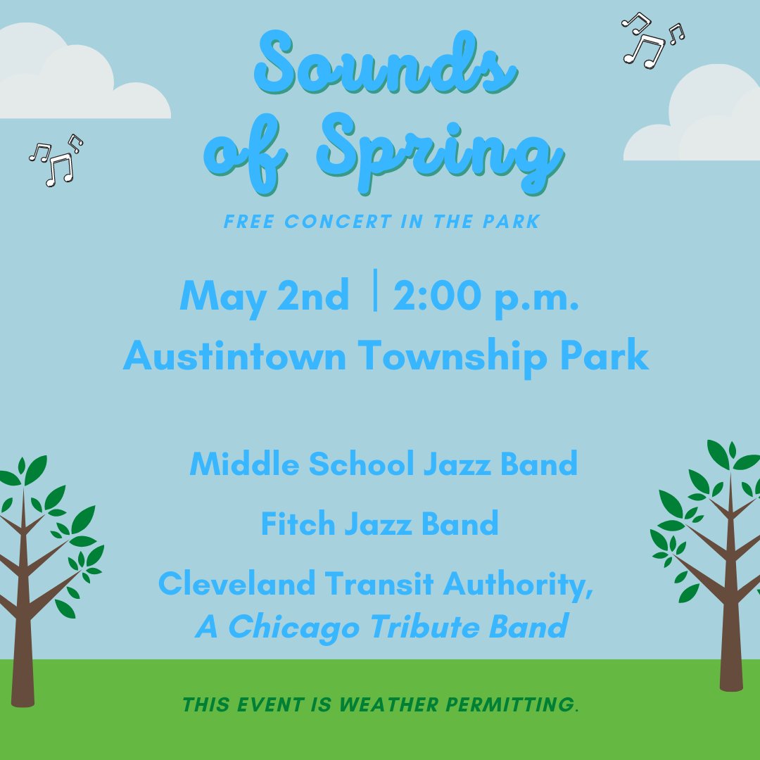 AFalconFacts's tweet image. Don't miss this event May 2nd! A FREE concert at Austintown Township Park featuring out AMS Jazz Band, Fitch Jazz Band and Cleveland Transit Authority, A Chicago Tribute Band! #SoundsofSpring #OutdoorConcert #FalconStrong