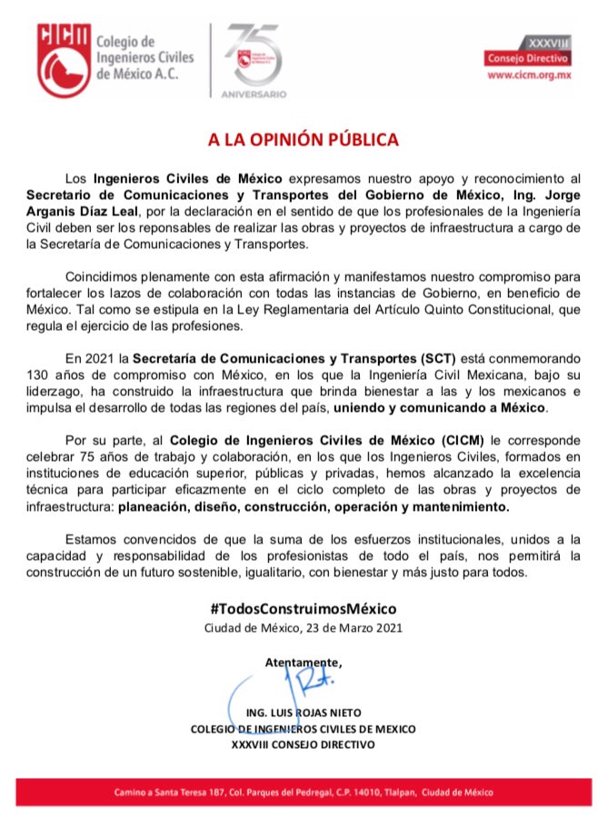 ASCEMX's tweet photo. ASCE-México a favor del comunicado del @CICMoficial, y apoya al titular de la SCT, Ing. Jorge Arganis, expresidente de ASCE-México, en el sentido de que los profesionales de la Ing. Civil, y no los Ing. Militares, deben desarrollar las obras de infraestructura del país. https://t.co/Hdjnz0Gy0Q