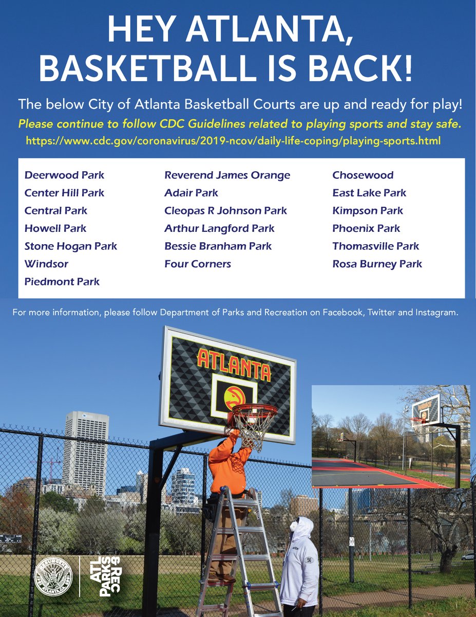HEY ATLANTA, BASKETBALL IS BACK!
The below City of Atlanta Basketball Courts are up and ready for play! Please continue to follow CDC Guidelines related to playing sports! cdc.gov/coronavirus/20…
<a href="/CityofAtlanta/">City of Atlanta, GA</a> #OneAtlanta