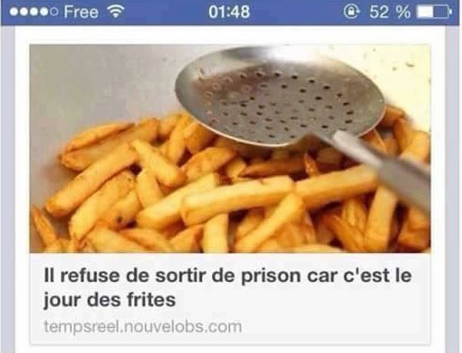 Thilodeter's tweet photo. Il refuse de sortir de prison car c'est le jour des frites https://t.co/0YIL7r25Ww