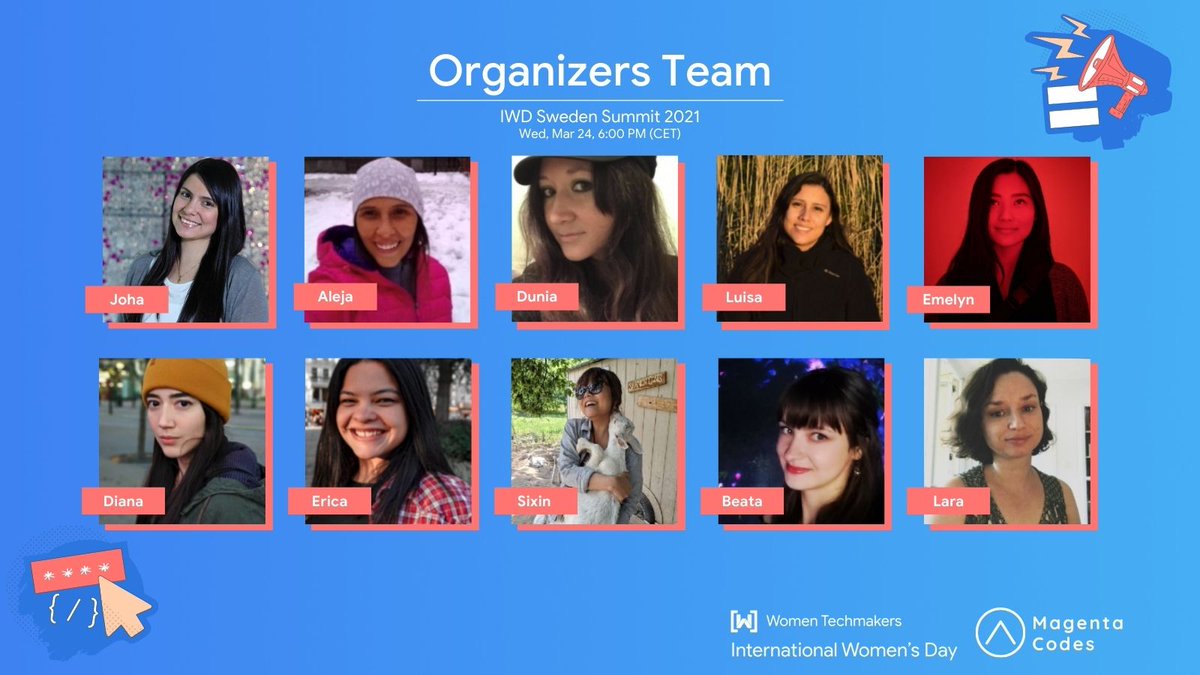 MagentaCodes's tweet photo. 💙International Women's Day Sweden Summit 2021 was made possible by an incredible team of women with a passion for helping and supporting other women.

👉RSVP NOW! https://t.co/N1pmtdOCRB
Thank you so much for organizing the team for making this event possible! @WomenTechmakers https://t.co/ieeCxnGjRe