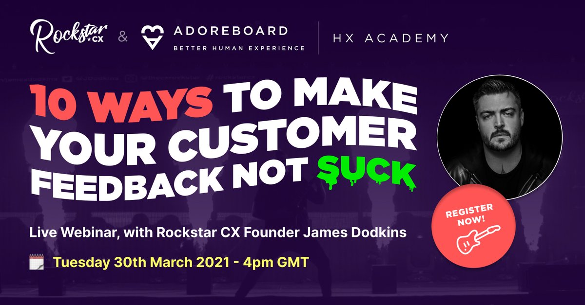 Adoreboard's tweet photo. Delighted to have James Dodkins aka🎸@ROCKSTAR_CX for this month's webinar; "10 Ways To Make Your Customer Feedback Not Suck" 

Join us for what's sure to be a fun and insightful session:👉 https://t.co/kMl9siC6mF 

#cx #hx #customerexperience #humanexperience https://t.co/lAS9W2hpzc
