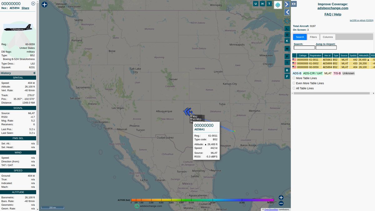 steffanwatkins's tweet photo. 🇺🇸 At least three #USAF B-52H bombers from Barksdale are up right now using Mode-S #AE58A1, #AE5899, #AE5894; all ~26,000ft. Unknown callsigns.
https://t.co/Uggz2VxZ8W https://t.co/LAvwNAO55b