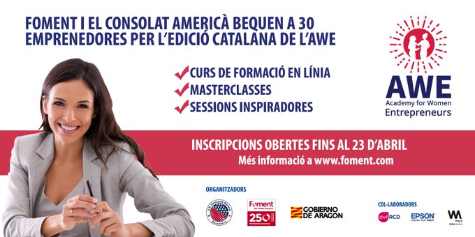 FomentTreball's tweet photo. Ets una dona emprenedora amb una empresa de menys de 5 anys?

💻 Inscriu-te a el programa "Academy for Women Entrepreneurs" que impulsem @FomentTreball &amp; @USConsulateBCN! 

📅 El termini finalitza el 23 d'abril! #AWE #WomenEntrepreneurs https://t.co/qeVsAo9V5W https://t.co/j3SxVjRdR4