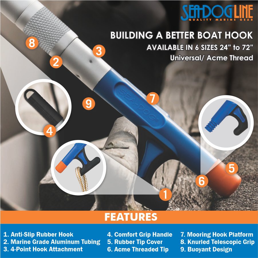 haimescoleman's tweet image. Sea-Dog® Boat Hooks stays afloat for up to 5 minutes!
Features threaded end attachment, 4-point hook attachment coated in rubber, comfort grip handle &amp;amp; highly visible bright orange tip attachment easy removed to connect any accessories #seadog #cleanboat