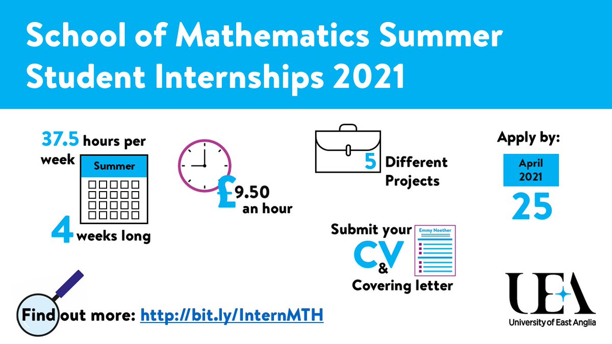 Here’s a great opportunity ✨for @UEA_Maths students. Check out these 👉MTH Summer internship projects. Closing date 🗓️25 April 21. Find out more 🔗bit.ly/InternMTH #UEAScience