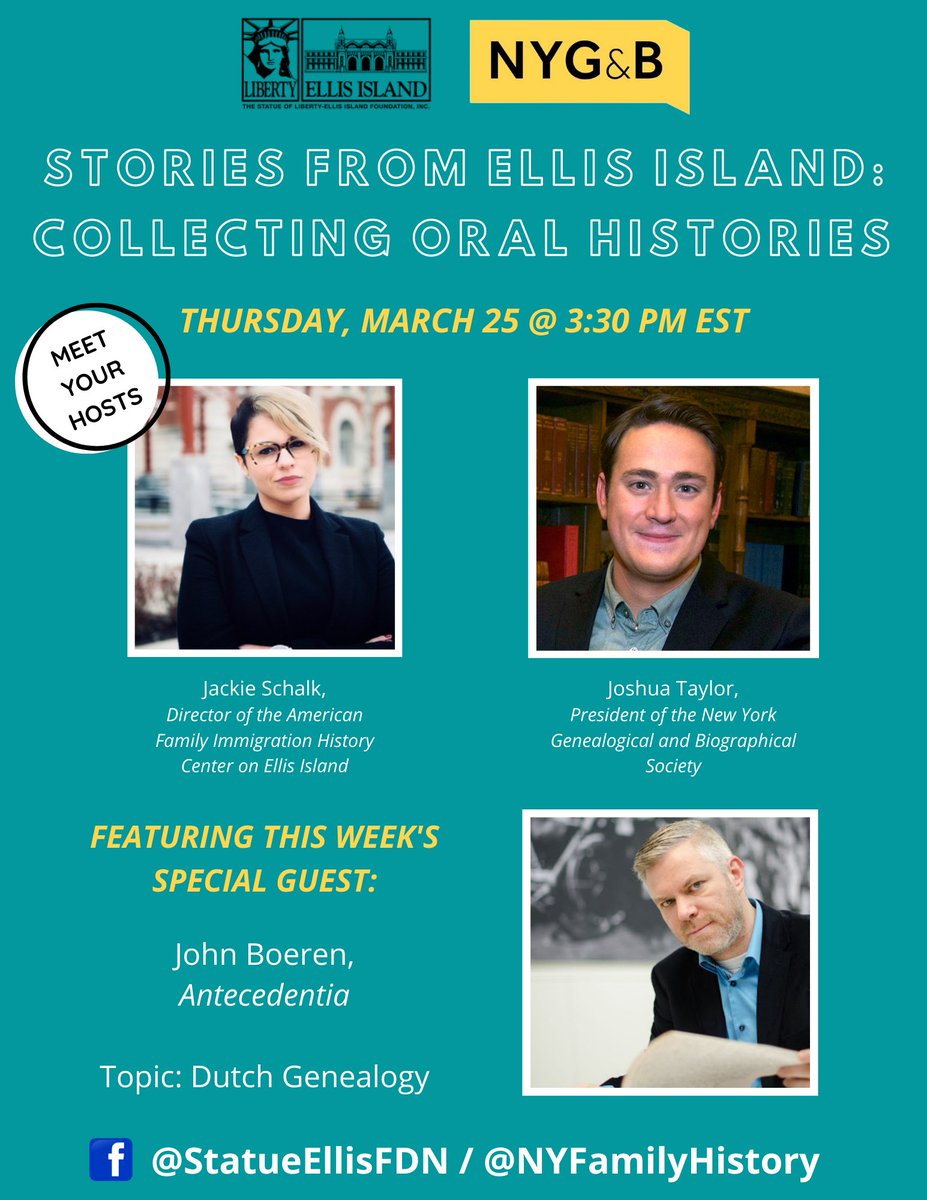 Tomorrow on "Stories From Ellis", hosts chat with John Boeren, a Professional Genealogist at @antecedentia_nl! This week's topic will be Dutch genealogy. Tune in 3/25 @ 3:30PM EST! 🗽 Facebook.com/StatueEllisFdn
