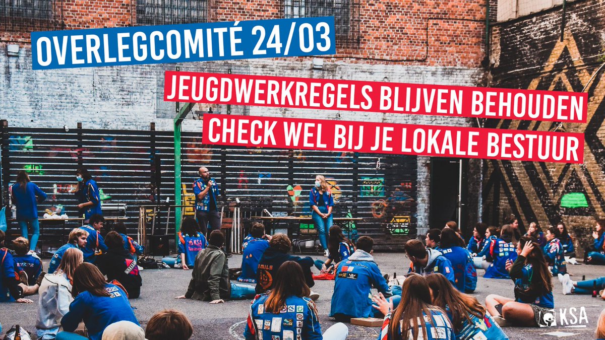 De #jeugdwerkregels van vorige week blijven behouden. 
Gemeentebesturen kunnen strengere regels hanteren, pols zeker bij je eigen jeugddienst.

Samenkomsten (met bv. leiding) worden beperkt tot 4 personen. Digitale groepsraden zijn dus nog even de norm. 
ksa.be/corona-regels