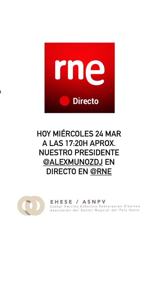 eheseasnpv's tweet photo. Hoy nuestro Presidente @Alex_Muga_88 @exeleventos estará en directo a las 17:20h aprox en @rne 📢 #27msosbodas #sosezkontzak #sosbodas https://t.co/vWDPt4e31S