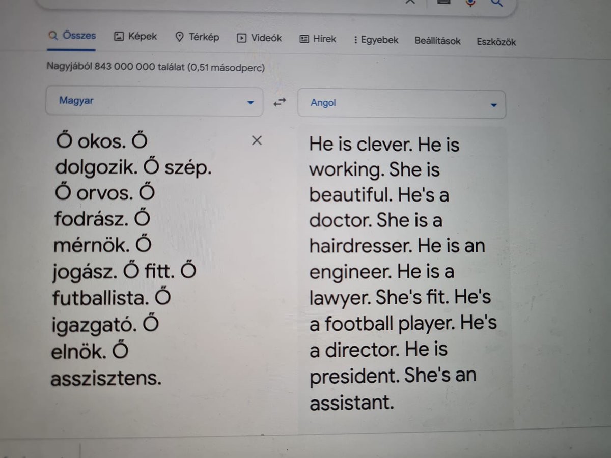 Hungarian language is gender neutral and doesn’t have “he” or “she” in third person. This little exercise shows how Google translate perpetuates outrageous gender stereotypes