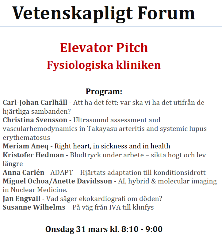 Curious what kind of research they do at "fysiologiska kliniken" at Linköping University hospital?

Join and listen to their elevator pitch

When? 31 March, 08:10-09:00
Where? Zoom 🇸🇪

Pm to register

@LiU_CMIV <a href="/liu_universitet/">Linköpings universitet</a> <a href="/regionost/">Region Östergötland</a> <a href="/KristoferHedman/">Kristofer Hedman</a>