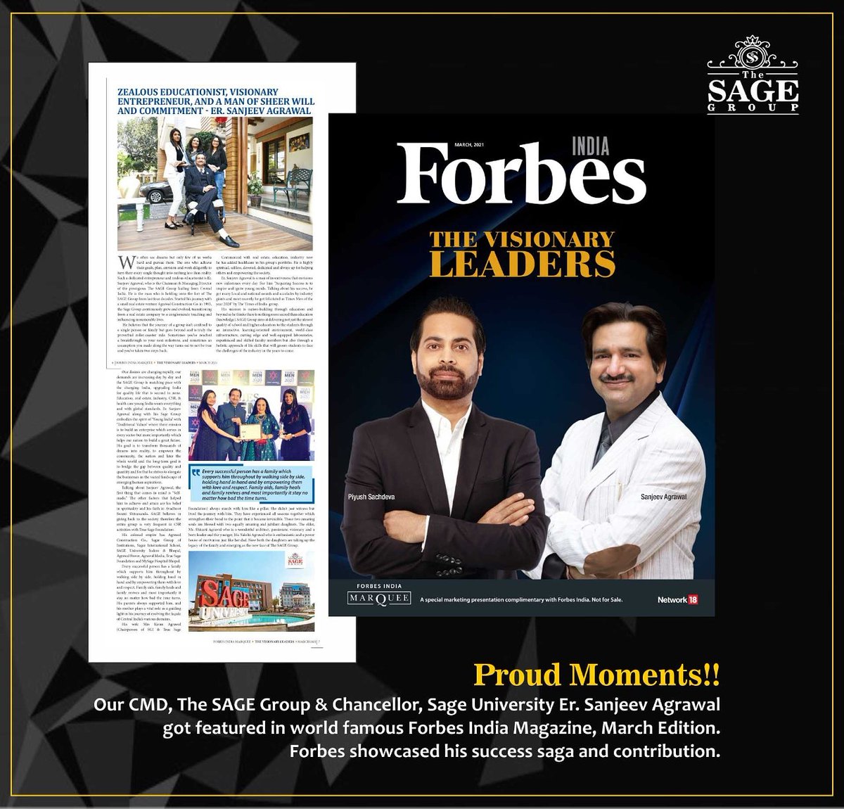 Dileepjigyasi's tweet photo. Moment of Pride: We are extremely elated and proud of our CMD, The SAGE Group and Chancellor, SAGE University, Er. Sanjeev Agarwal as he features in the Forbes India Magazine for his phenomenal success.
________
#TheSAGEGroup #SAGE #TheForbes #Forbes #ForbesMagazine #ForbesIndia https://t.co/jmWp9WhxBo