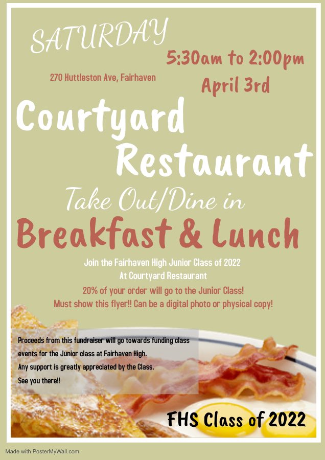fhsclass2022's tweet image. Upcoming Junior class Dine out nights!!
03/27 Jake’s Diner 
03/30 Pasta House
04/03 Courtyard Restaurant 
All information are in the flyers
Must show flyer at the fundraisers