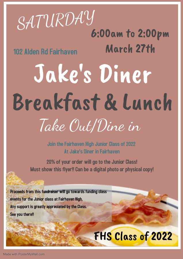 fhsclass2022's tweet image. Upcoming Junior class Dine out nights!!
03/27 Jake’s Diner 
03/30 Pasta House
04/03 Courtyard Restaurant 
All information are in the flyers
Must show flyer at the fundraisers