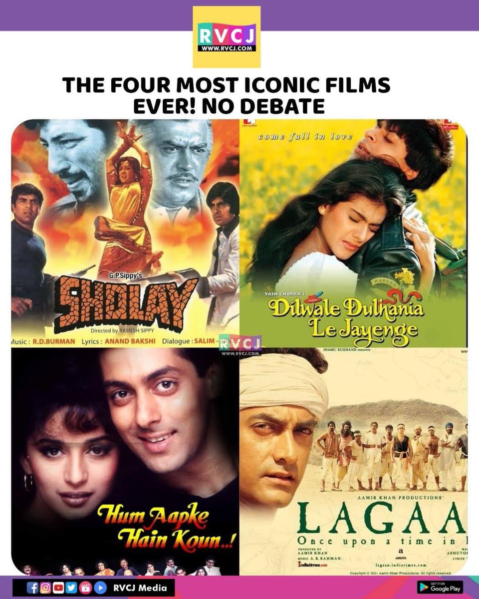 Iconic films 🎥  
#sholay #ddlj #dilwaledulhanialejayenge #humaapkehainkaun #lagaan #bollywood #bollywoodmovies #rvcjmovies