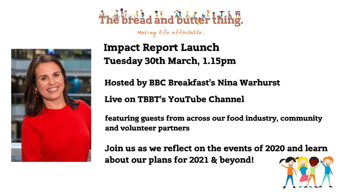 We're thrilled that <a href="/NinaWarhurst/">Nina Warhurst</a> will be hosting our inaugural Impact Report launch with guests including Kellogg's CSR Mgr Kate Prince, @AGhalibK and Philippa Tarmey-Holmes from <a href="/OurSaleWest/">Our Sale West</a> alongside TBBT's CEO Mark Game.  Tune in to our YouTube channel on Tuesday at 1.15pm.