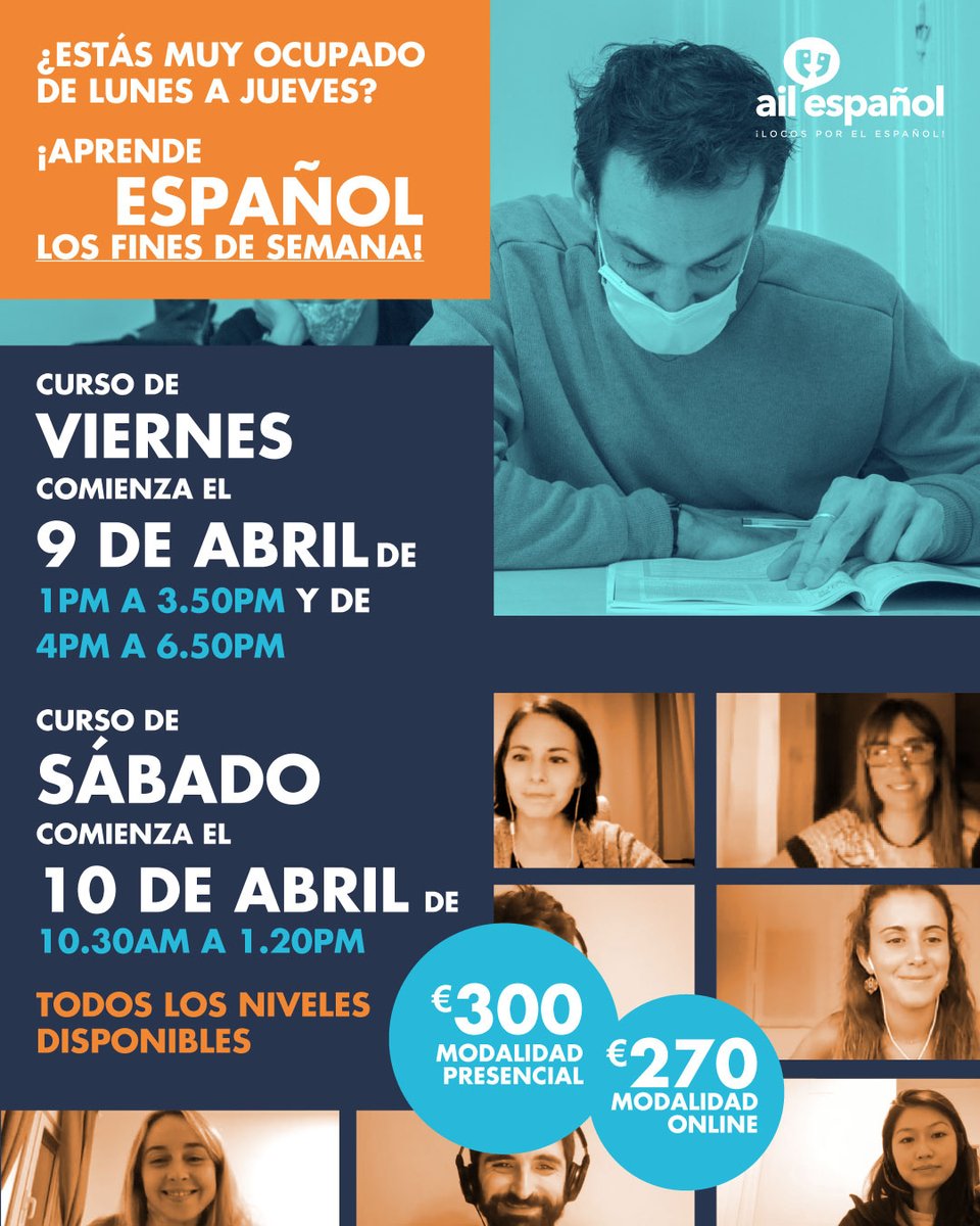 AILMadrid's tweet image. ¿Quieres aprender español pero tienes muchos compromisos durante la semana? 

Aquí tenemos las opciones perfectas para ti: ¡CURSOS DE ESPAÑOL  LOS FINES DE SEMANA! 

#spanishcourse #weekendcourse #parttimespanishcourse #cursodeespanol #spanishlessons #learnspanish