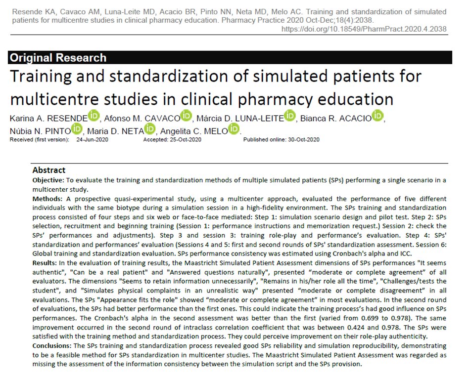 PharmPract's tweet image. Training and standardization of simulated patients for multicentre studies in clinical pharmacy education 

Assessing SP performance with standardized methods improves role-play authenticity.

pharmacypractice.org/journal/index.…

#pharmacists #simulatedpatient 
@acavaco