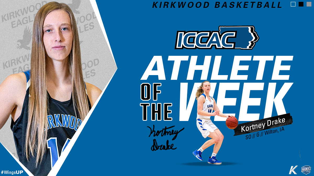 Congrats to <a href="/KCC_WBB/">Kirkwood Women's Basketball</a> player, <a href="/kortney_drake10/">Kortney Drake</a>, on earning <a href="/ICCACSports/">ICCAC Sports</a> Athlete of the Week honors! In two games, Kortney averaged 18pts, 3 steals, &amp; went (7-13) from 3! She is shooting 47.5% from deep this year! 🎯

#ICCAC #AOTW #WingsUp 🦅🏀