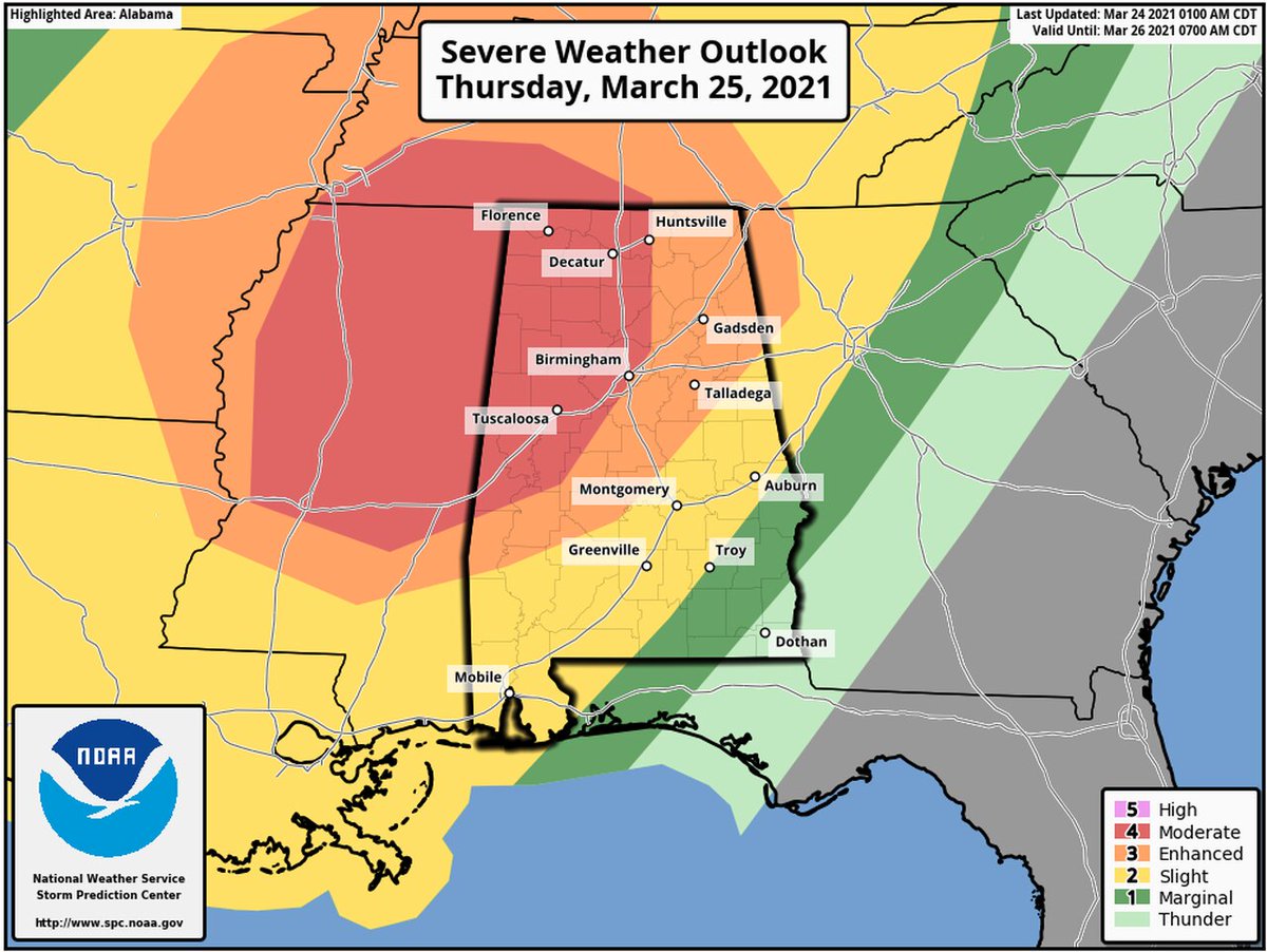 Severe weather risk upgraded for Alabama for Thursday. Tornadoes, damaging winds, hail and heavy rain will all be possible. #alwx trib.al/w80iacj
