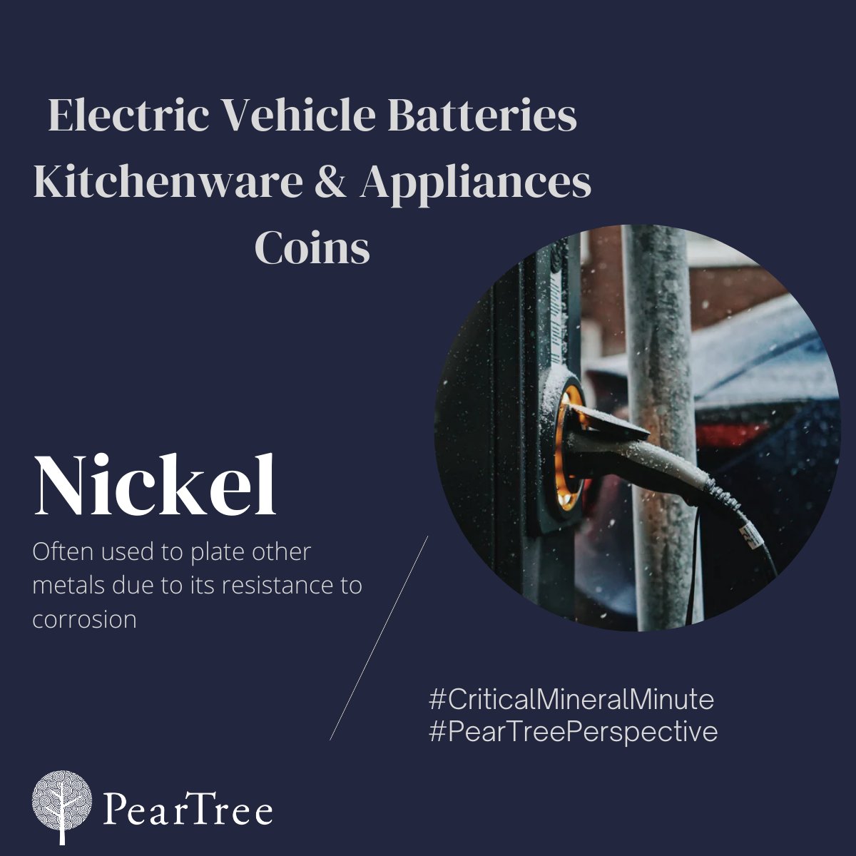PearTreeCanada's tweet photo. Today's #CriticalMineralMinute features #Nickel, a #metal that is often used for plating due to its resistance to corrosion at high temperatures. Nickel is widely used from kitchen appliances, to rechargeable #EV batteries!
#PearTreePerspective #mining #CriticalMinerals @NRCan https://t.co/0uAygf7A1I