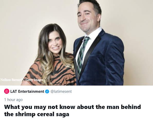 ADoseofBuckley's tweet photo. "What you may not know about the man behind the shrimp cereal saga". Listen LA Times, I have Twitter and it's been like 24 hours. I know more about the Shrimp Cereal guy now than I know about my own brother. https://t.co/vUwC8loWVn