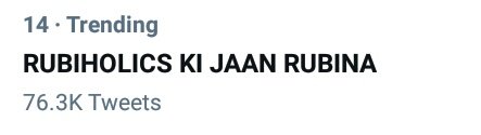 RubiDilaikOFC's tweet photo. Standing Ovation for RubiHolics, this trend was purely started by few dedicated fans &amp; now in Trending list at a good position...

All credits &amp; appreciations goes to y'll,

Indeed RUBIHOLICS KI JAAN RUBINA 
Keep loving @RubiDilaik always like this. https://t.co/d2D2hxAke6