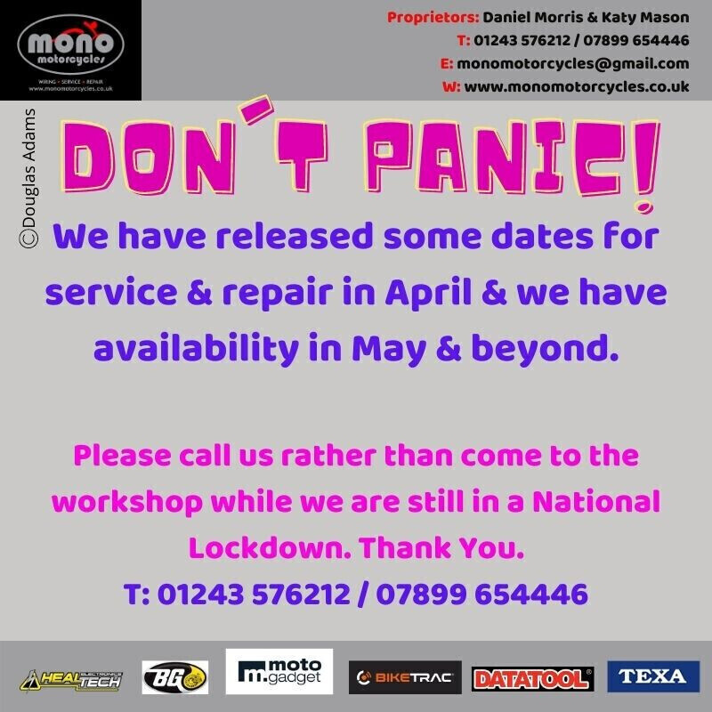 monomotorcycle1's tweet photo. Dont' Panic! We have released some booking slots for Annual, Full & Major Servicing for April & are taking bookings from May & beyond. T: 01243 576212 / 07899 654446 E: info@monomotorcycles@gmail.com #motorcycleservice #motorbikeservice #motorcycleservicing #motorbikeservicing https://t.co/To0QPV1MFp