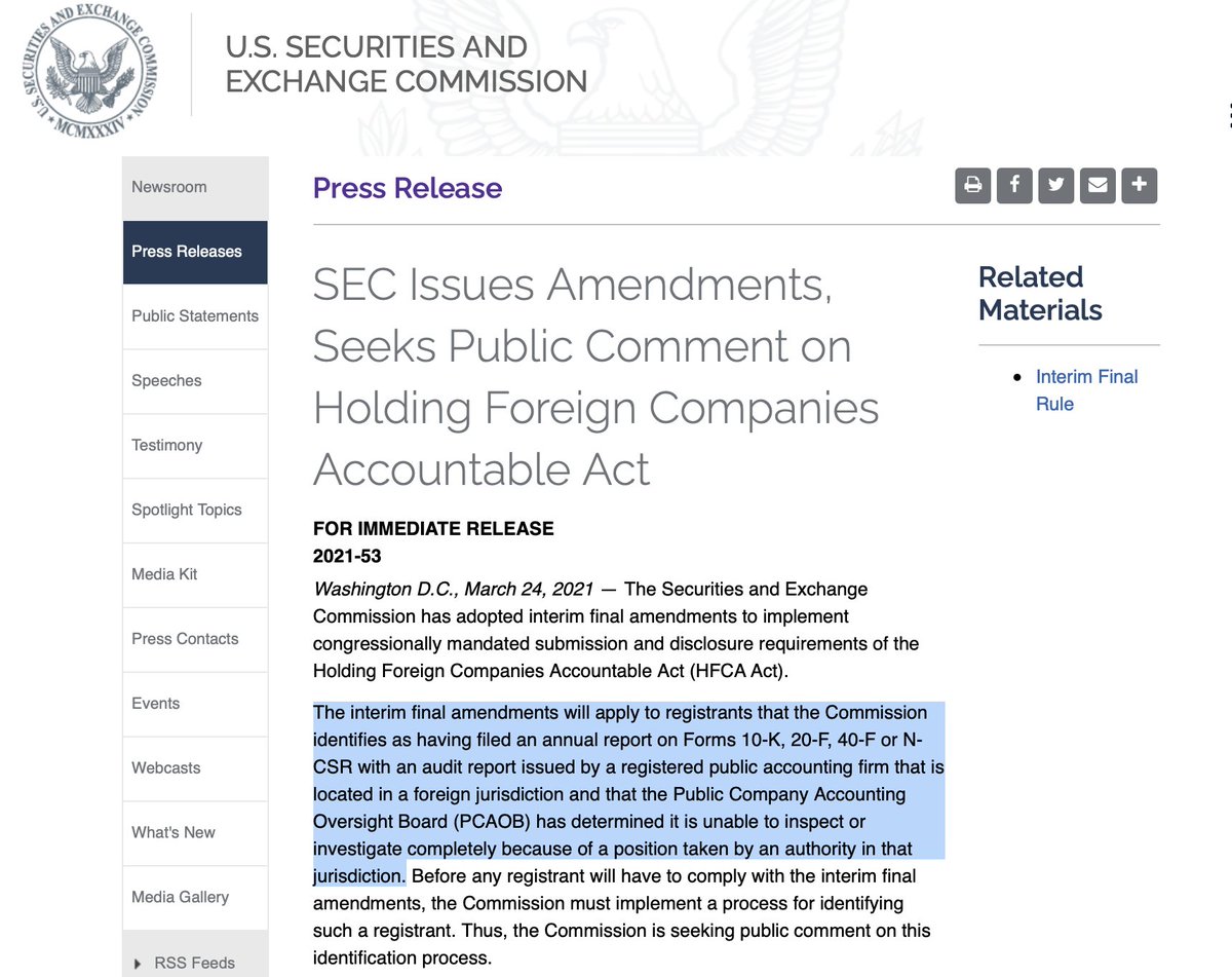 Sino_Market's tweet photo. US #SEC has adopted interim final amendments to implement congressionally mandated submission and disclosure requirements of the Holding Foreign Companies Accountable Act (#HFCA Act).
*Foreign firms not abiding by US audit standards will be delisted.
https://t.co/SHU5Q8vSri https://t.co/KQVRgSZPlM