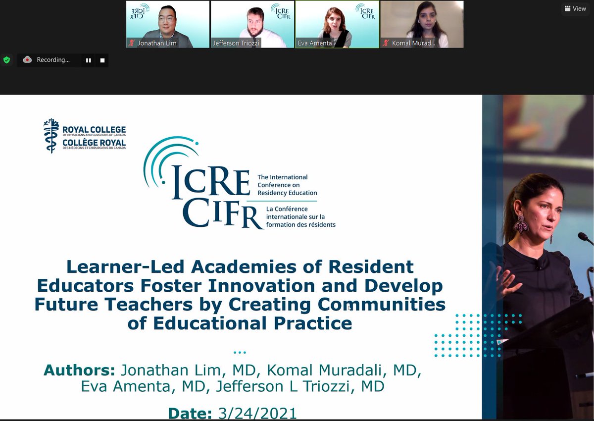 Shout out to @nepherson @EvaAmenta @muradali_md for this @ICREConf presentation. We got to share how our @BCM_InternalMed Academy of Resident Educators uses the best aspects of social learning and the community of educational practice model. Thanks to those who joined! #ICRE2021