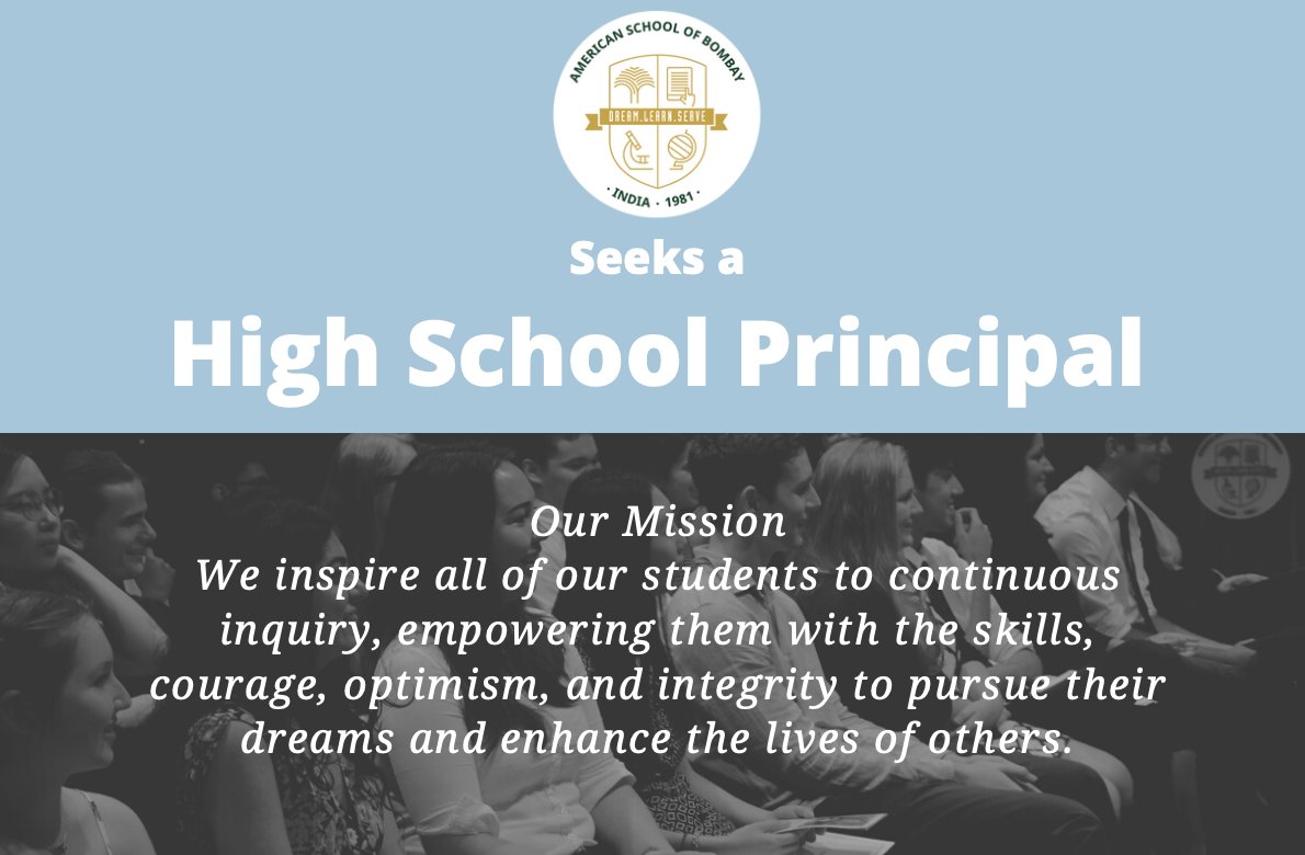Exceptional leaders: A rare opportunity to lead a team of #remarkableeducators in #Mumbai. Inspire #students to pursue their dreams. #ASBIndia is seeking a #HighSchoolPrincipal from July 2021 OR July 2022. Please apply or share with your network bit.ly/3vUyTui
