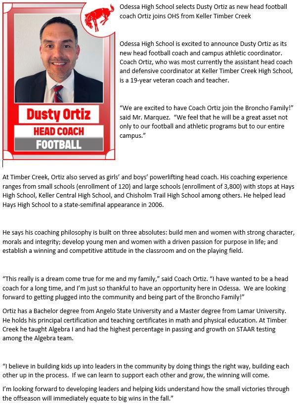 OHS names Dusty Ortiz as new head coach/campus athletic director. Welcome <a href="/CoachOrtiz1/">CoachOrtiz</a> to the Broncho Family! <a href="/BronchoNews/">OHS Broncho News</a> <a href="/KPEJFOX24News/">KPEJ FOX 24 News</a> @cbs7sports <a href="/ABCBig2News/">ABC Big 2 News KMID</a> <a href="/NewsWest9Sports/">NewsWest 9 Sports</a> <a href="/OA_Sports/">OA Sports</a> @odessafootball <a href="/ECISDAthletics/">EctorCountyISDAthletics</a> <a href="/EctorCountyISD/">Ector County ISD</a>