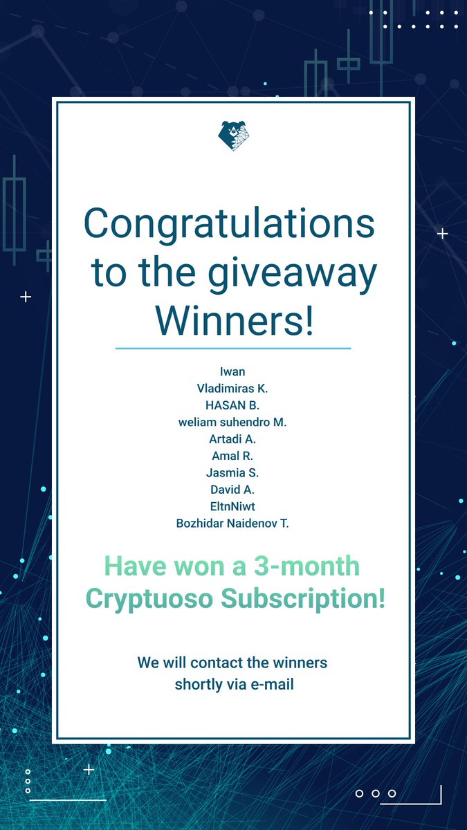 cryptuoso's tweet photo. Congratulations to the #giveaway winners:

Iwan
Vladimiras K.
HASAN B.
weliam suhendro M.
Artadi A.
Amal R.
Jasmia S.
David A.
EltnNiwt
Bozhidar Naidenov T.

Have won a 3-month #Cryptuoso #cryptorobots Subscription!

We will contact the winners shortly via e-mail https://t.co/H3FFZ6A6Fu