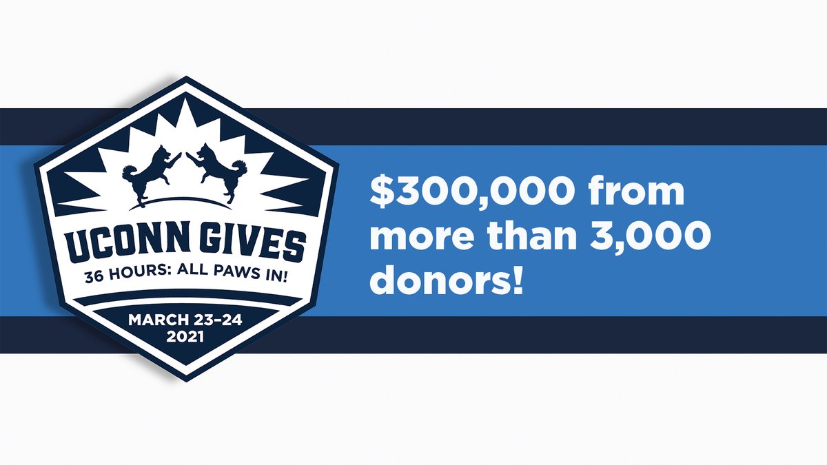 UConnAlumni's tweet photo. We've reached $300,000 from more than 3,000 donors before noon on day two! This is surely something to celebrate, #UConnNation.

Let's keep going all paws in until 7 p.m. ET. Make a gift (and encourage your friends to do the same!): https://t.co/1j1xfJcvMP

#UConnGives @UConn https://t.co/3CaPSZplG2